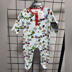 Mud Pie Christmas Train Cotton Sleeper One‎ Piece Outfit 3-6m NWT Blue Red Print